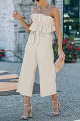 Plain Backless Ruffled Strapless Wide Leg Jumpsuit