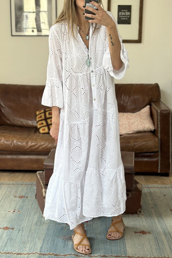 Mary White Hollow V Neck Casual Dress