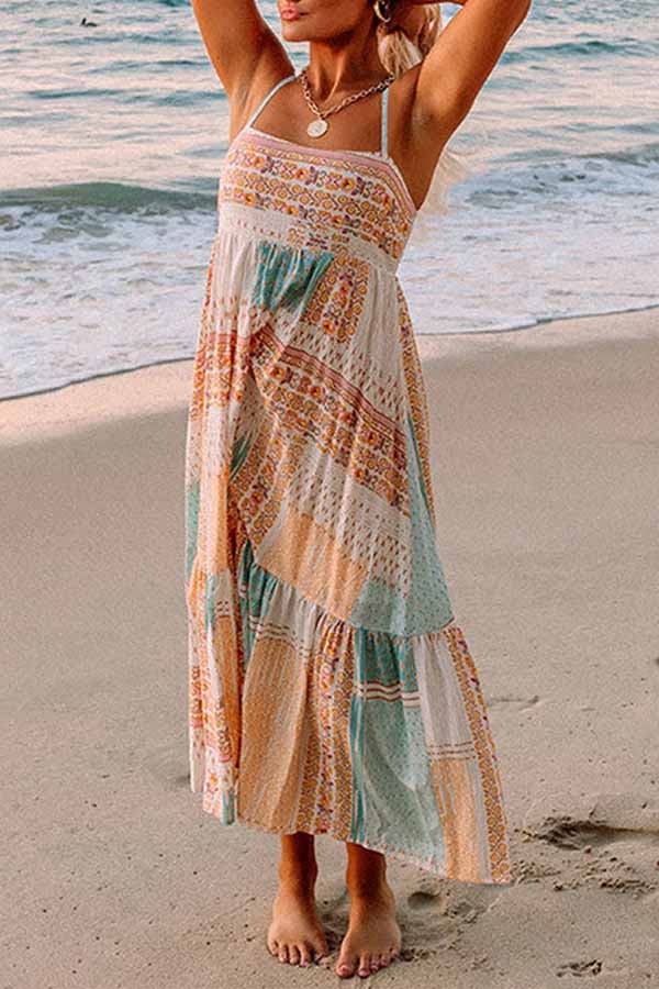 Multicolor Boho Patchwork Print Square Neck Sundress