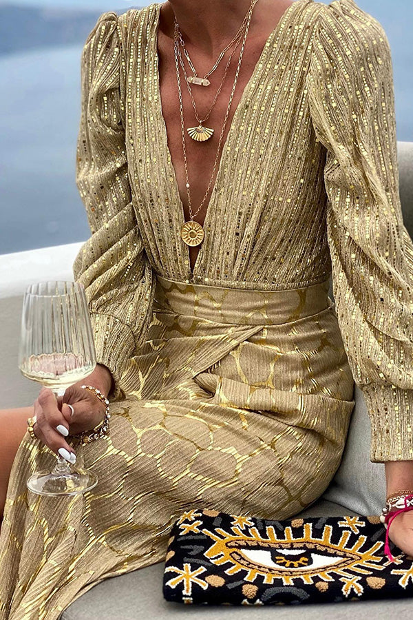 Gold Coast Long Sleeve V Neck Top Slit Skirt Set