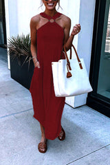 Off-Shoulder Casual Comfort Halter Neck Long Pocket Dress