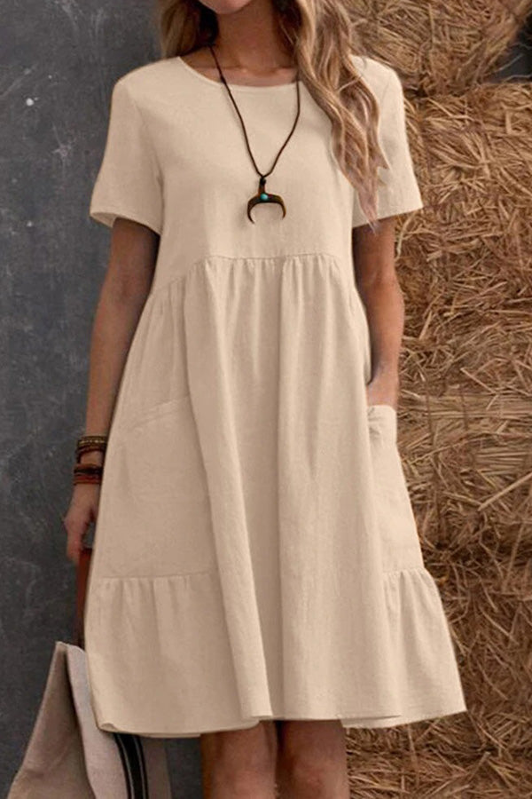 Loose Pocket Solid Color Round Neck Short Sleeve Dress