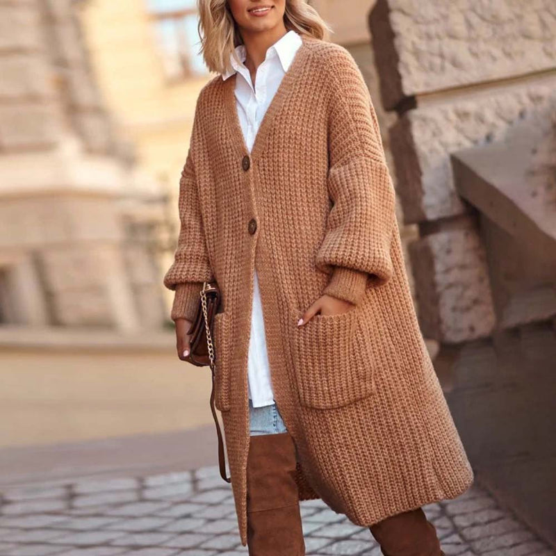 Brown Long Sleeve Collarless Plain Sweater