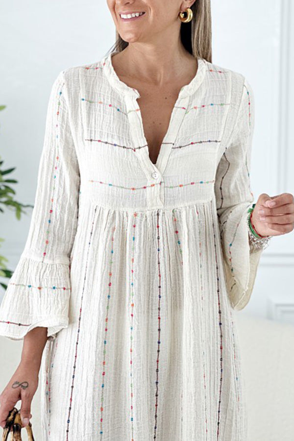 Kaftan Summer Beige Striped Pattern V-Neck Bell Sleeve Dress