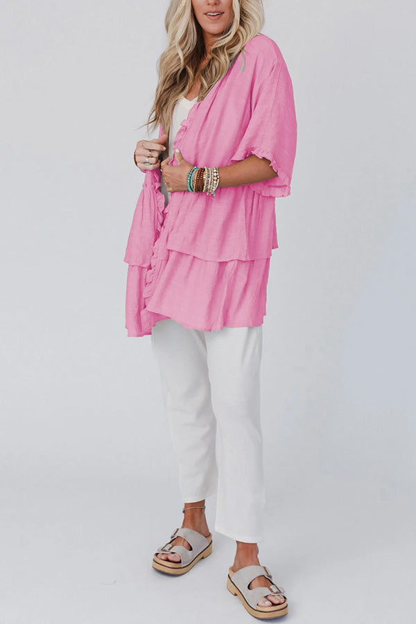 Ruffled Trim Short Sleeve Open Front Kimono