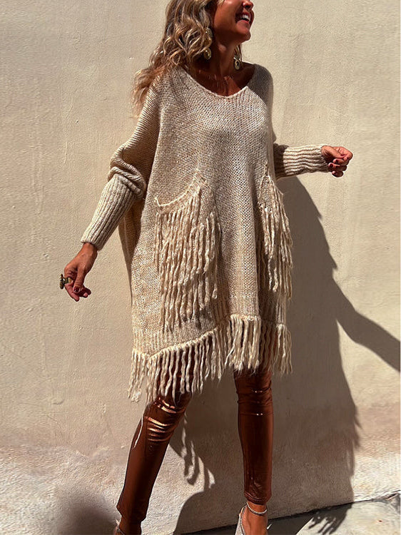 Stylish Dolman Sleeves Pocketed Tassel Sweater