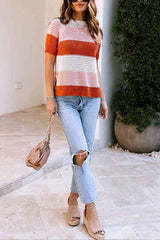 Brown Crochet Knit Colorblock Stripe Short Sleeve Top