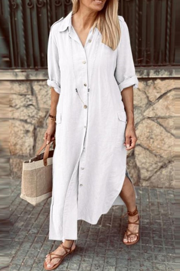 Casual solid color lapel long sleeve shirt dress