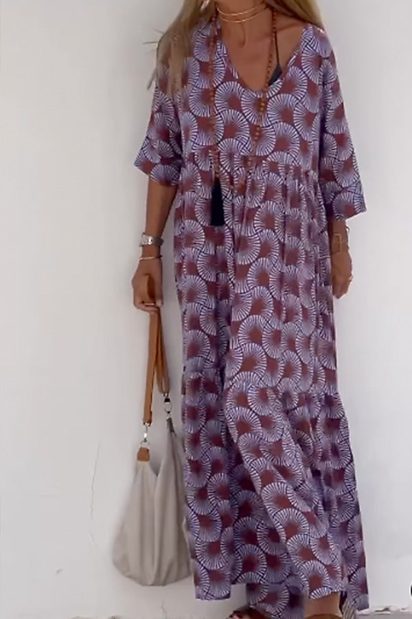 Ibiza Fashion Print Loose V Neck Long Sleeve Long Dress