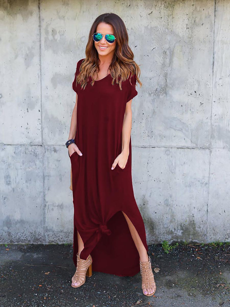 V-Neck Pocket Split Dress(8 colors)