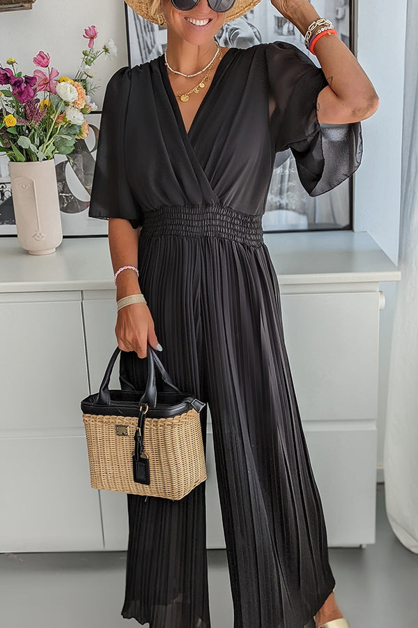 Delightful Day Smocked Waiset Pleated Wide Leg Jumpsuit