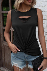 Black Laser Cut Slits Twist Front Tank Top