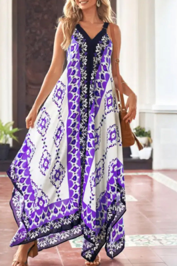 V-Neck Casual Loose Retro Print Vacation Sleeveless Maxi Dress