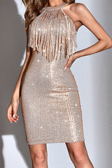 Sequin Halter Fringe Front Bodycon Dress