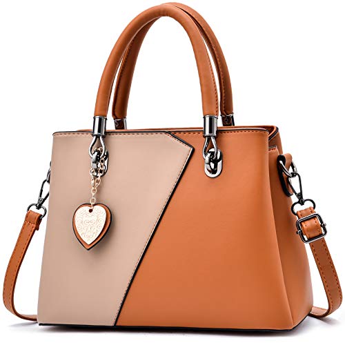 Womens Leather Handbags Purse Top-handle Bags Contrast Color Stitching Totes Satchel Shoulder Bag for Ladies