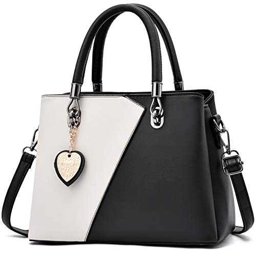 Womens Leather Handbags Purse Top-handle Bags Contrast Color Stitching Totes Satchel Shoulder Bag for Ladies