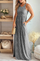 Leopard Print Floor Length Sleeveless Dress With Pockets