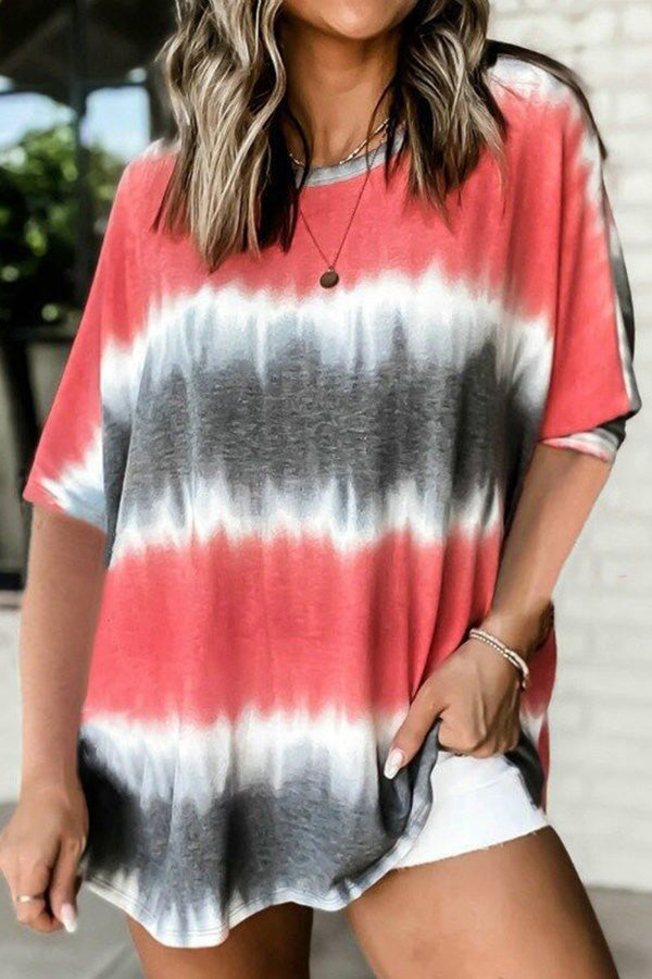 Tie-dye Printed Round Neck Dolman Sleeve Short Sleeve Oversized Top