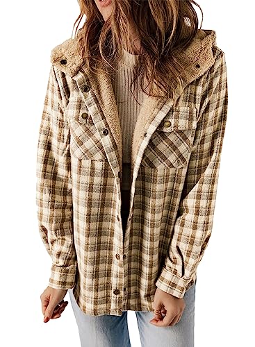 Plaid Shacket Jacket Long Sleeve Button Down Fleece Hooded Jackets Warm Coat