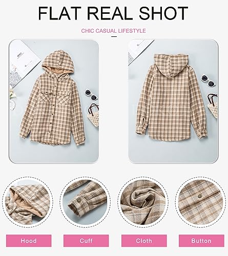 Plaid Shacket Jacket Long Sleeve Button Down Fleece Hooded Jackets Warm Coat