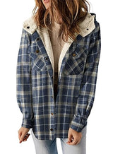 Plaid Shacket Jacket Long Sleeve Button Down Fleece Hooded Jackets Warm Coat