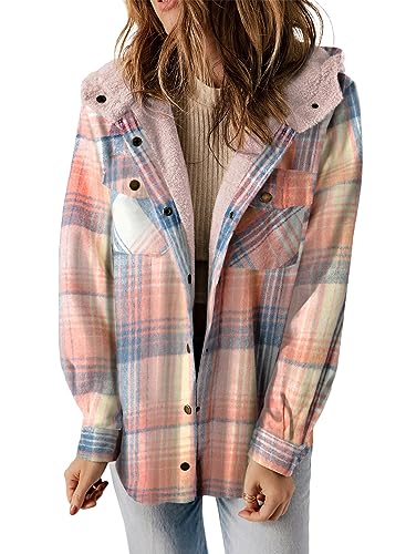 Plaid Shacket Jacket Long Sleeve Button Down Fleece Hooded Jackets Warm Coat