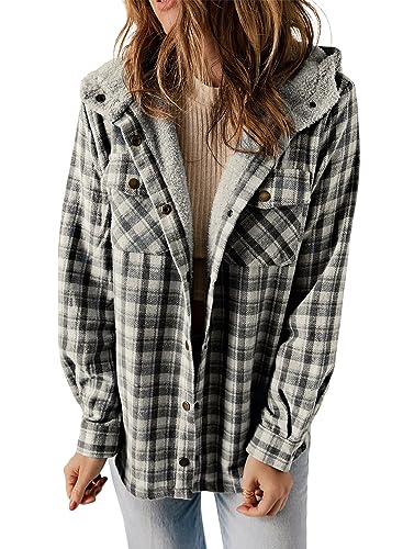 Plaid Shacket Jacket Long Sleeve Button Down Fleece Hooded Jackets Warm Coat