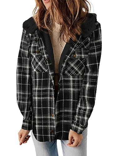 Plaid Shacket Jacket Long Sleeve Button Down Fleece Hooded Jackets Warm Coat