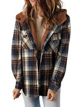 Plaid Shacket Jacket Long Sleeve Button Down Fleece Hooded Jackets Warm Coat