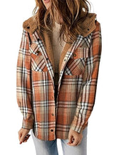 Plaid Shacket Jacket Long Sleeve Button Down Fleece Hooded Jackets Warm Coat