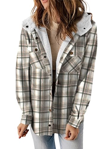 Plaid Shacket Jacket Long Sleeve Button Down Fleece Hooded Jackets Warm Coat