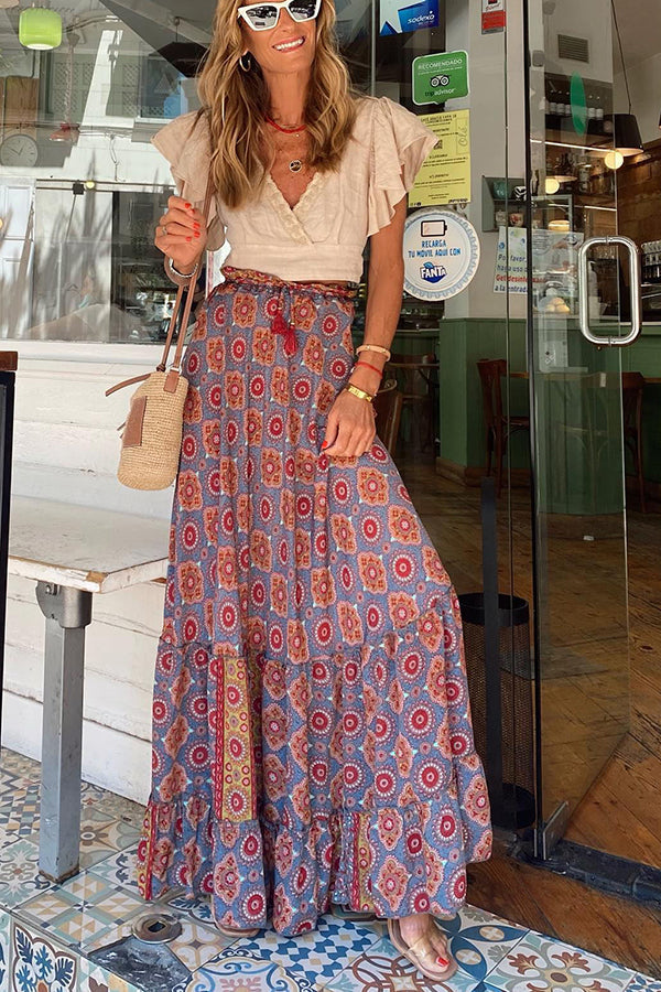 Audrina Bohemian Print Elastic Waist Tassel Maxi Skirt