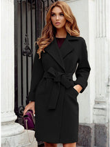 Women's Stylish Solid Color Classy Collared Overcoat With Waist Tie And Hand Pockets