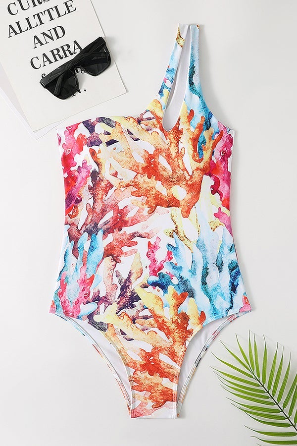 One-shoulder Cutout Print One-piece Swimsuit