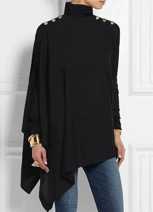 Black Button Shoulder Asymmetrical Tunic Top