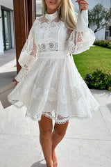 Peak Party Vibes Crochet Lace Lantern Sleeve Formal Mini Dress