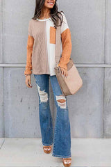 Orange Long Sleeve Colorblock Chest Pocket Textured Knit Top