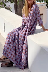 Ibiza Fashion Print Loose V Neck Long Sleeve Long Dress