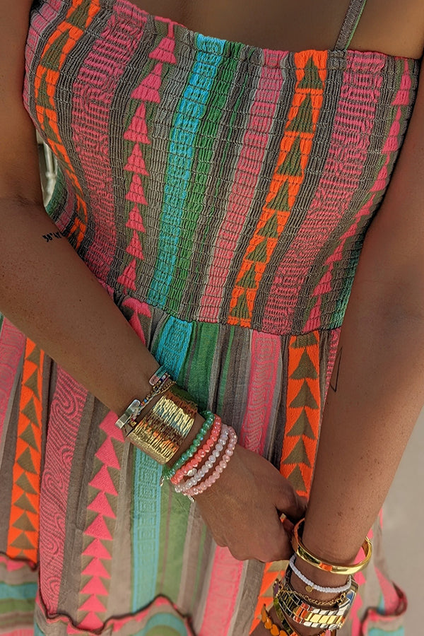 Plenty of Sunshine Linen Blend Ethnic Print Smocked Cami Midi Dress