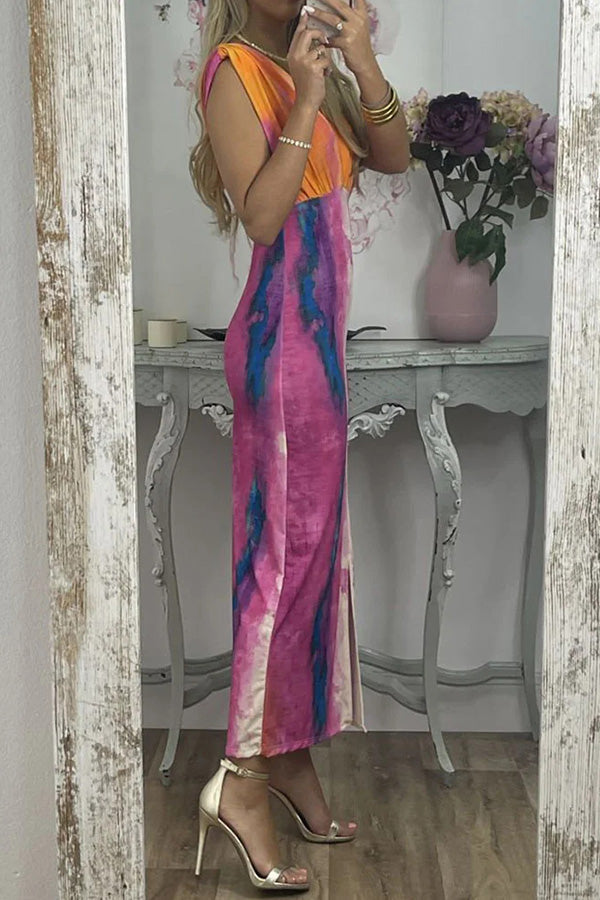 Abstract V-neck tie-dye print slim dress