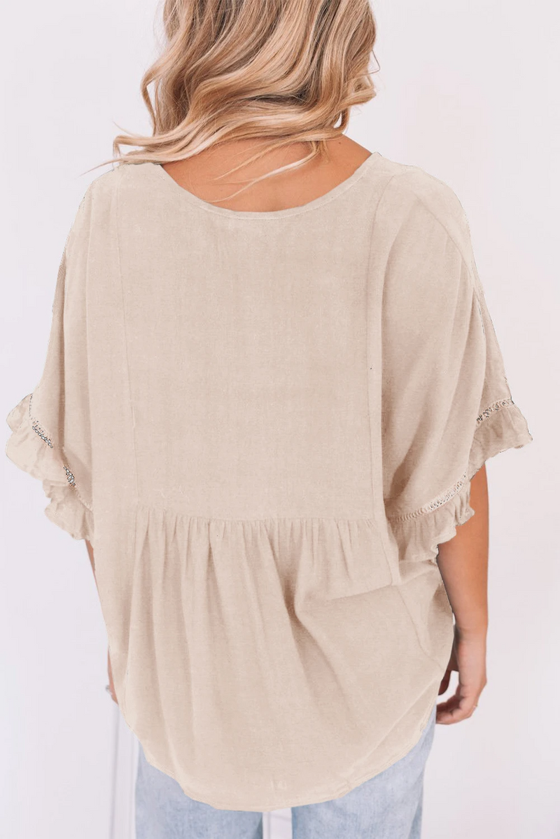 Plain V Neck Ruched Ruffle Trim Short Sleeve Blouse