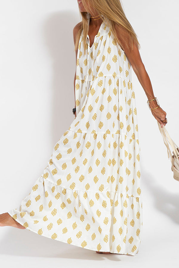 Boho Loose Gold Print Flowy Resort Dress