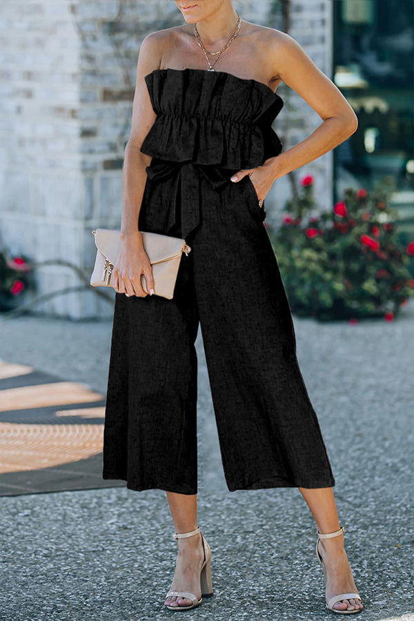 Plain Backless Ruffled Strapless Wide Leg Jumpsuit