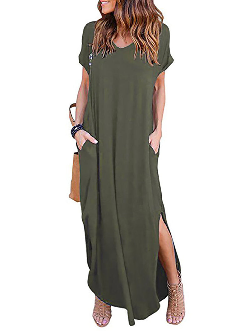 V-Neck Pocket Split Dress(8 colors)