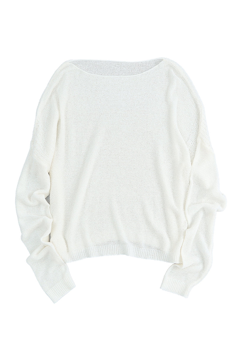 White Solid Drop Shoulder Pullover Sweater