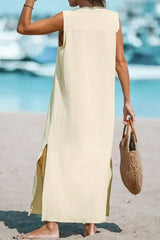 Cotton And Linen Sleeveless Solid Loose V-neck Maxi Dress