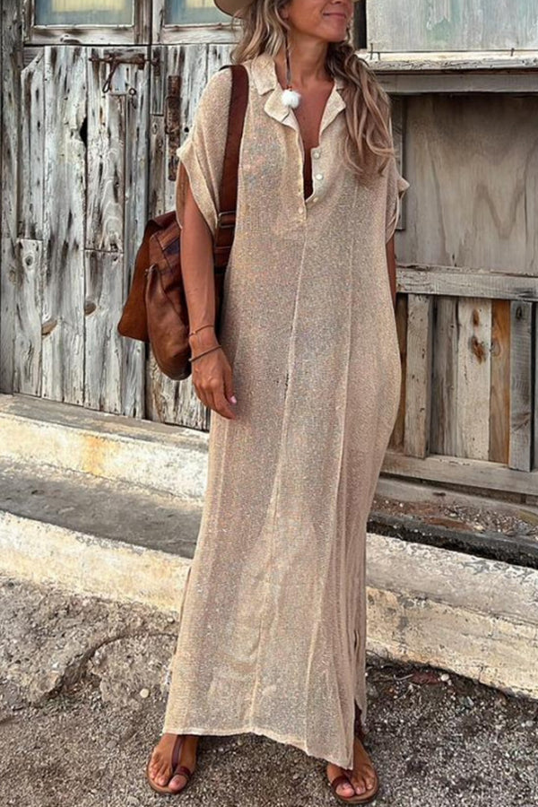 OFELIA Beige Woven Lapel Long Shirt Dress