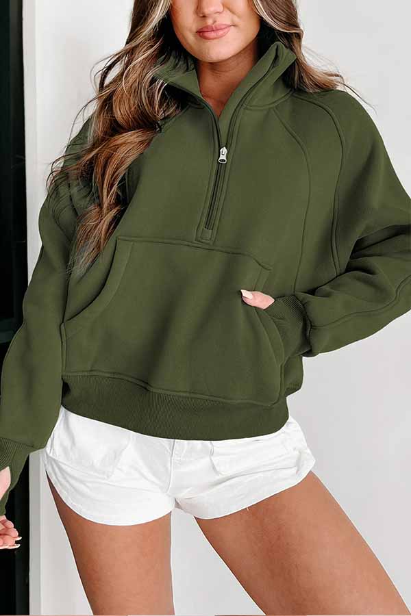 Green Zip Up Stand Collar Ribbed Thumbhole Sleeve Sweatshirt