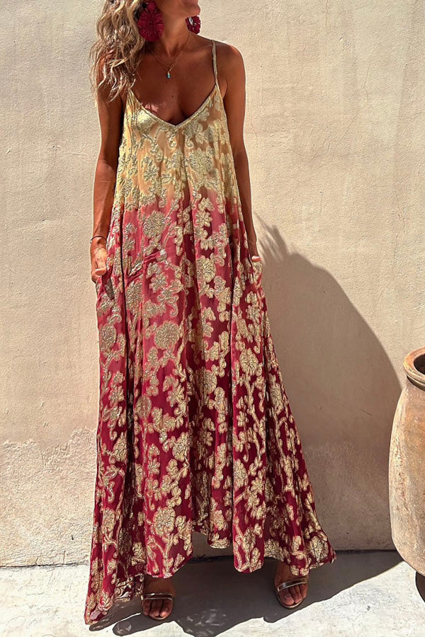 Eternal Dreamer Golden Floral Gradient Pocket A-line Cami Maxi Dress