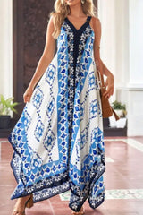 V-Neck Casual Loose Retro Print Vacation Sleeveless Maxi Dress